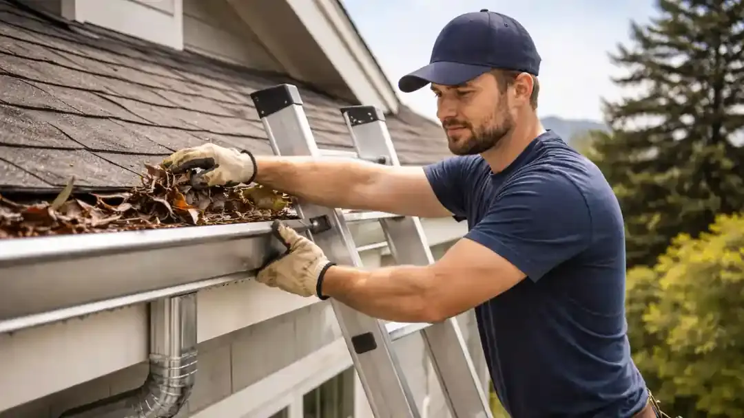 Professional contractor cleaning and installing rain gutters on a San Francisco home roof to improve drainage and exterior protection