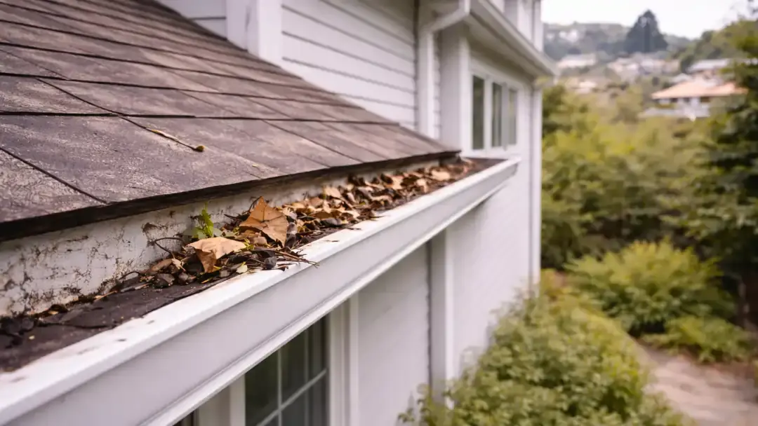 Clogged residential gutter system with leaves and debris