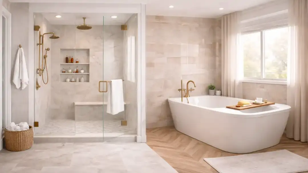 Modern bathroom shower and bathtub transformation in San Francisco home featuring frameless glass walk-in shower, freestanding soaking tub, marble-look tiles, and brushed gold fixtures