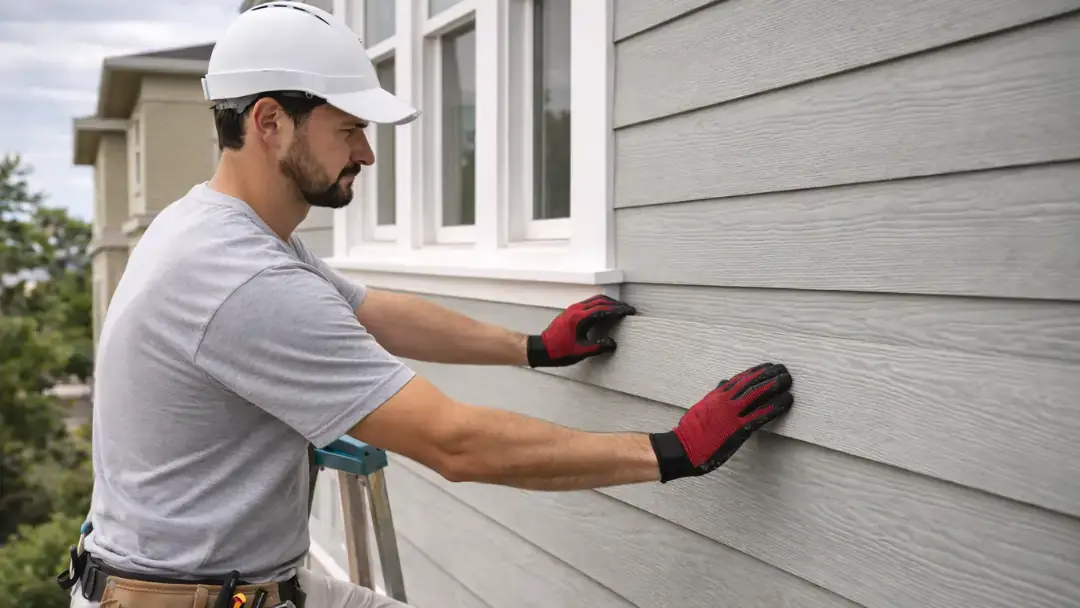 Contractor aligning and securing new exterior siding panels on a residential home during renovation