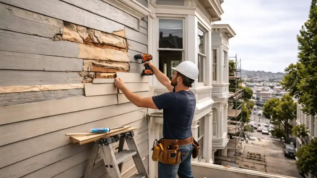 Contractor repairing exterior siding on San Francisco home