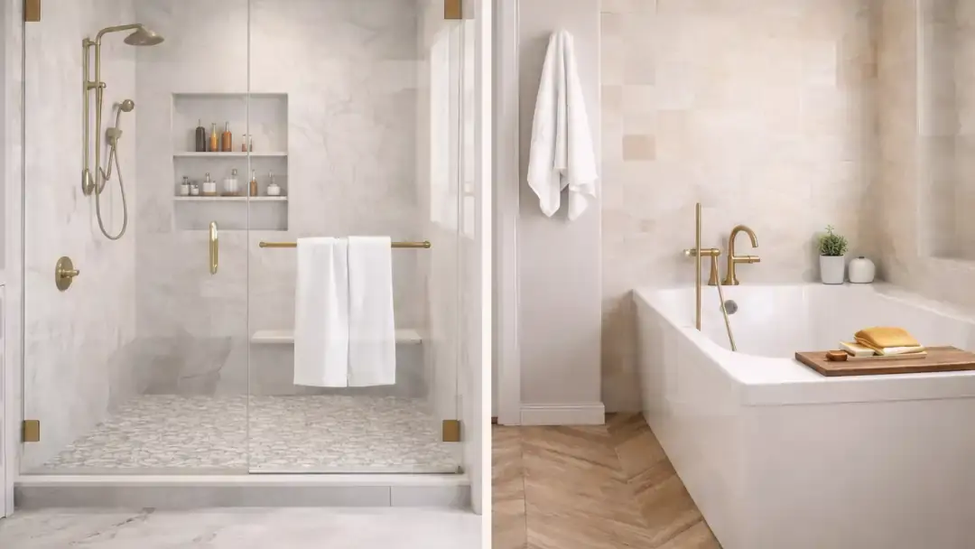 Luxury bathroom tile and flooring upgrades in San Francisco home featuring walk-in glass shower, marble-look wall tiles, patterned shower floor, and freestanding soaking tub with brass fixtures