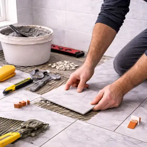 Contractor installing porcelain floor tile with thinset mortar