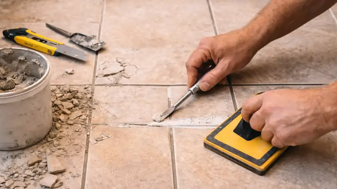 Repairing cracked floor tile and applying new grout