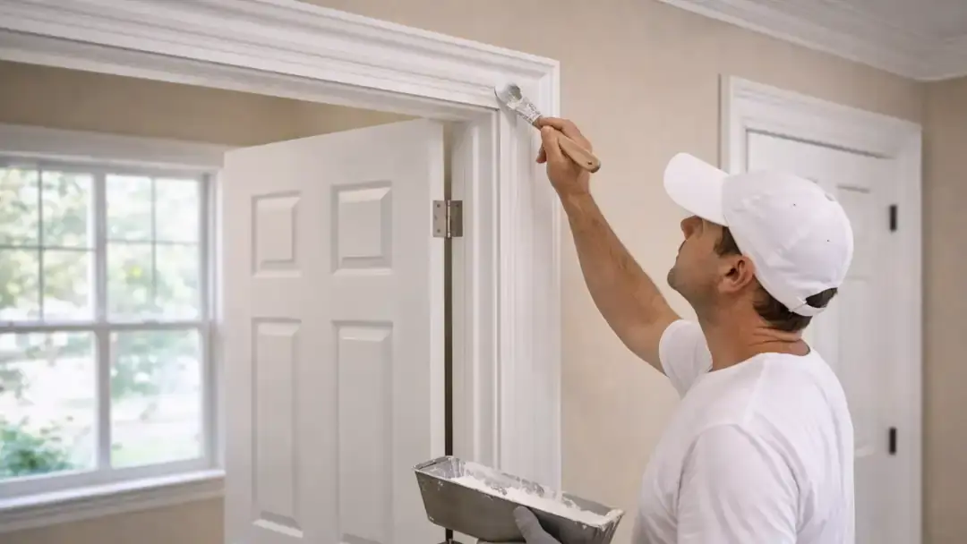 Painter finishing door trim inside residential home