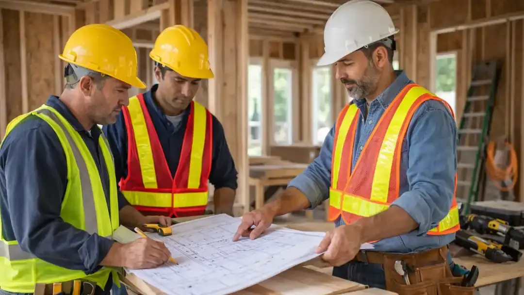 Turquoise home remodeling professionals and licensed general contractors in San Francisco reviewing blueprints and construction plans for a residential renovation project