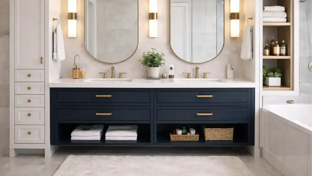 Modern double sink bathroom vanity and cabinet installation in San Francisco home with navy cabinetry, brass hardware, and custom storage shelving