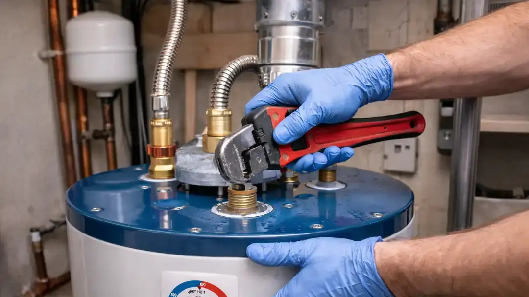 Technician installing residential water heater system