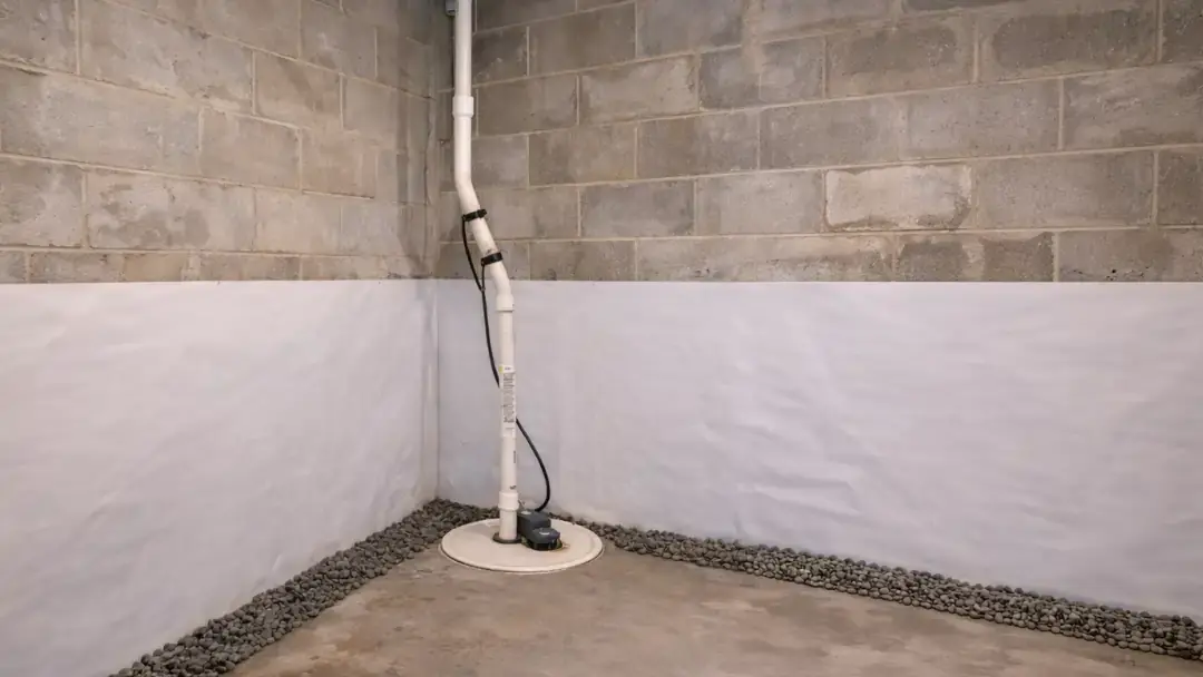 Basement waterproofing system with wall vapor barrier, interior drainage gravel, and sump pump installed in corner of foundation wall