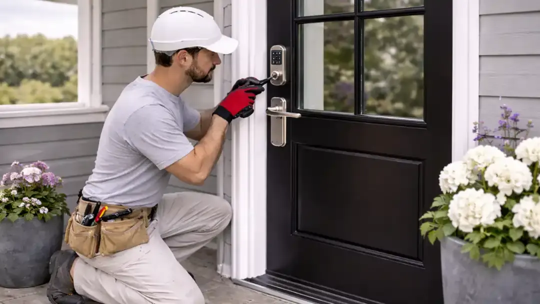 Contractor installing a smart lock and handle set on a black front entry door during a home upgrade