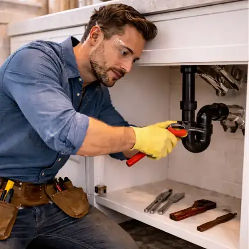 Plumber repairing bathroom sink pipes during remodel