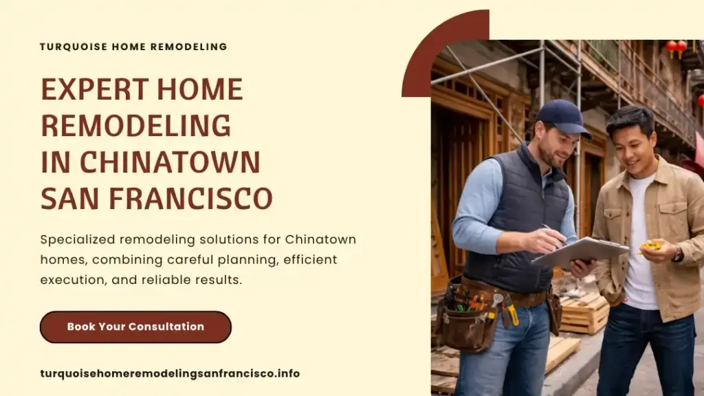 Home remodeling contractors discussing renovation plans in Chinatown San Francisco with residential construction in the background
