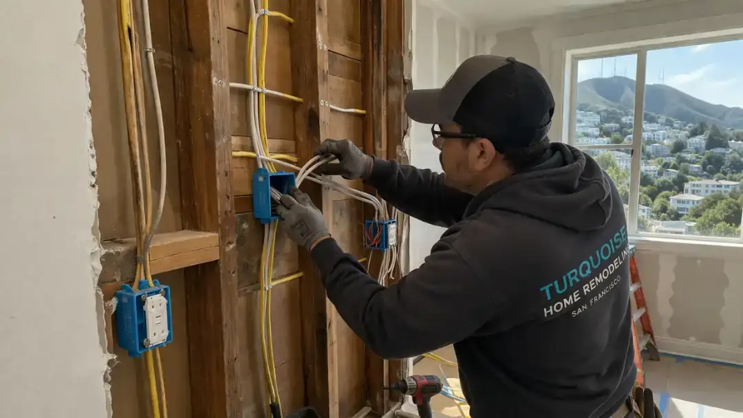 Electrician installing wiring and electrical boxes inside wall during home remodeling in Twin Peaks San Francisco
