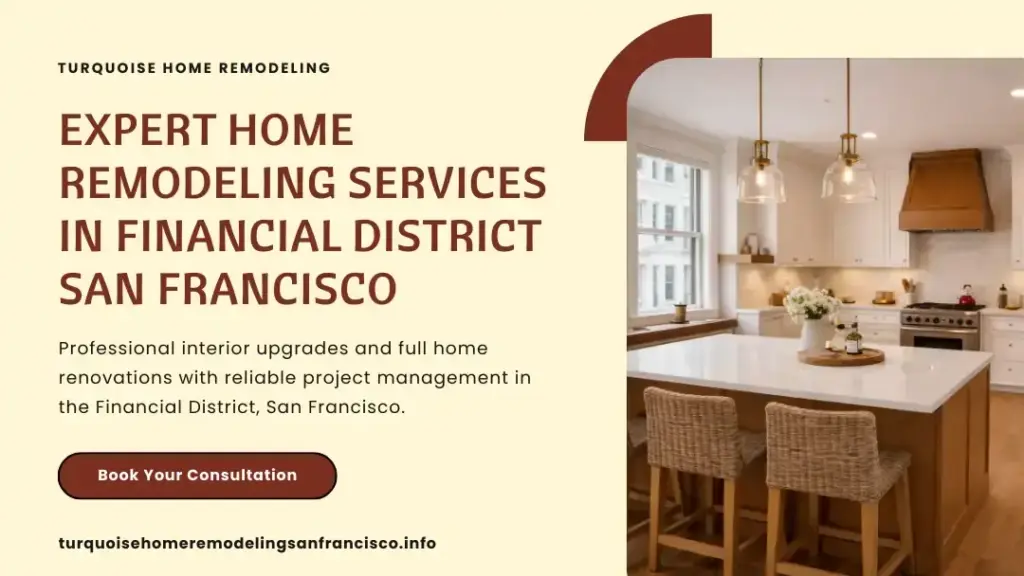 Elegant modern kitchen with island seating and pendant lighting completed during a residential home remodeling project in Financial District, San Francisco