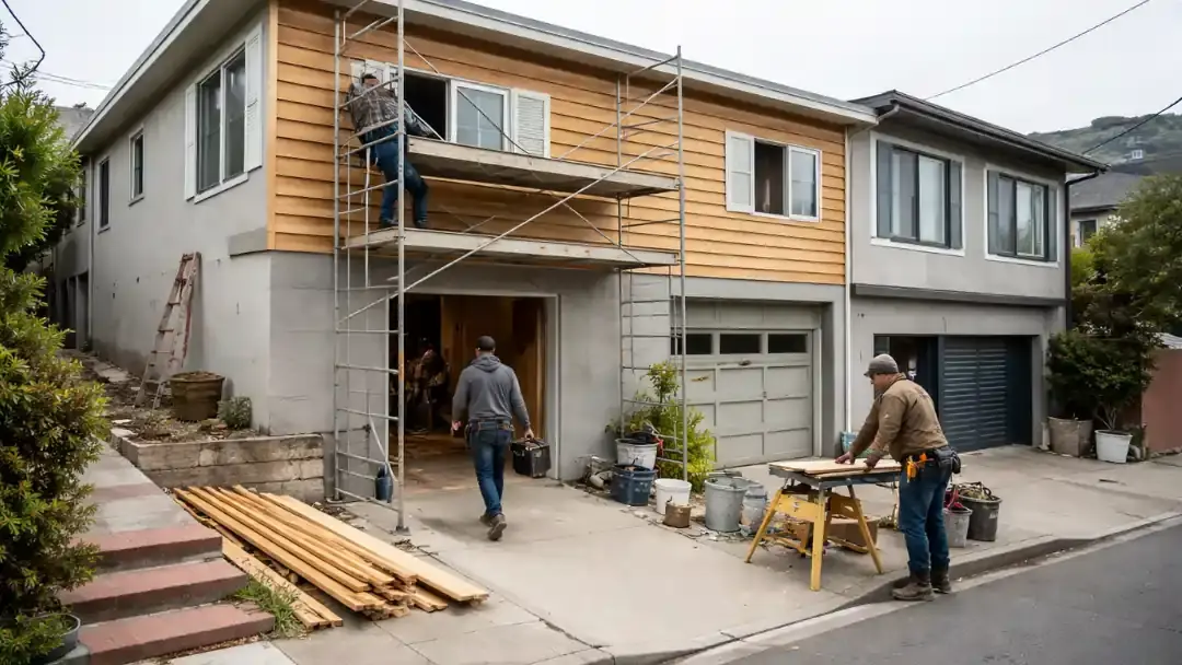 Workers remodeling the outside of a house in San Francisco