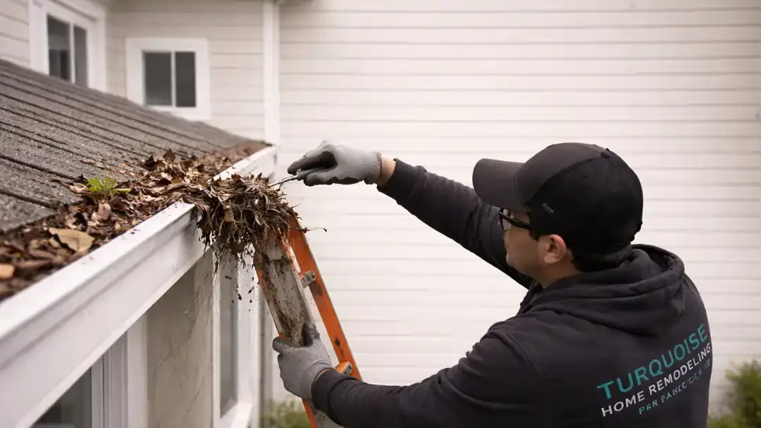 Worker removing leaves and debris from roof gutter during home maintenance in Lake Street San Francisco