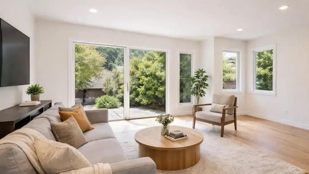 Bright remodeled living room with large windows and natural light in a Glen Park San Francisco home