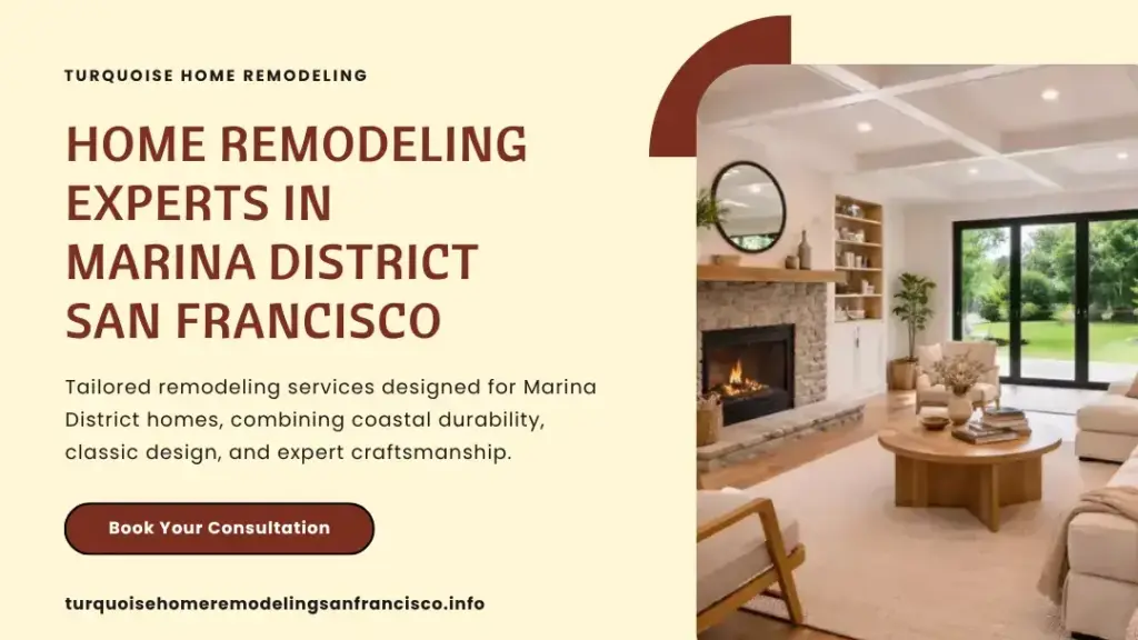 Modern living room remodeling in Marina District San Francisco with fireplace and open space design