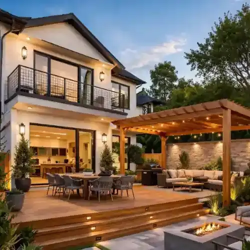 Backyard outdoor living space with pergola and fire pit in San Francisco