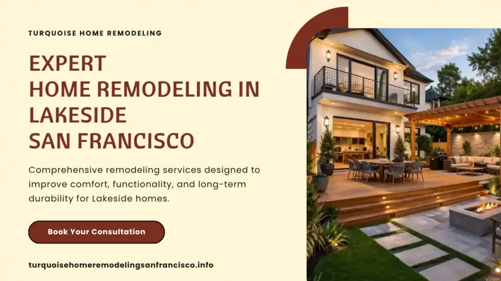 Remodeled home exterior with wooden deck, outdoor seating, and pergola in San Francisco