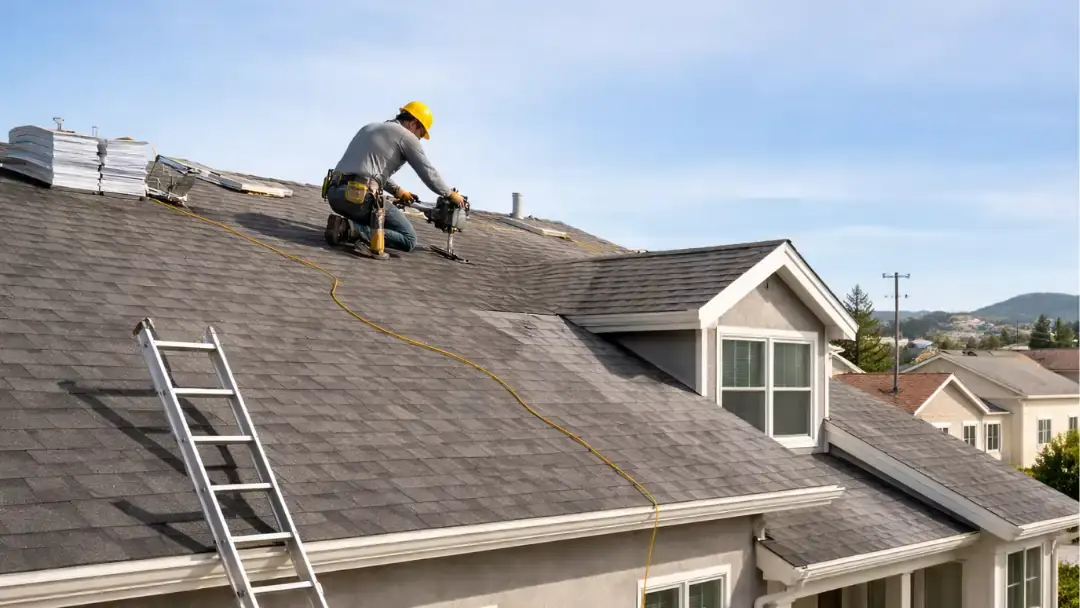 Worker installing roof shingles on a house in San Francisco