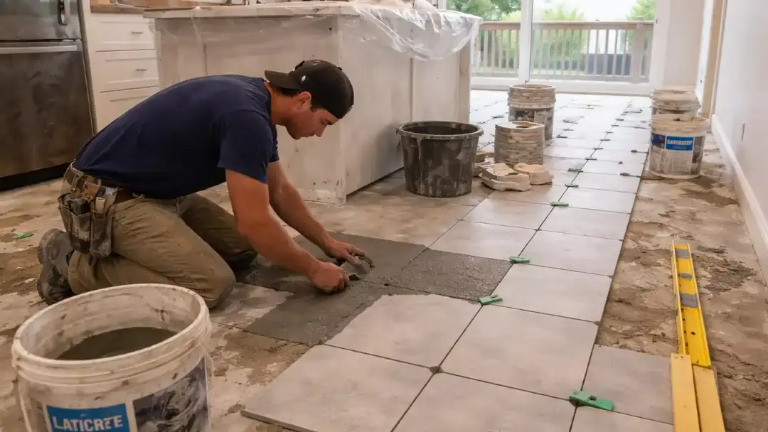 Worker installing floor tiles during a home remodel in San Francisco