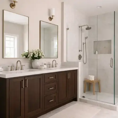 Modern bathroom with dark wood vanity and glass shower in San Francisco