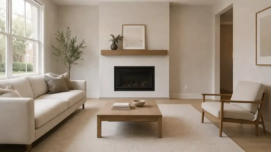 Bright living room with fireplace and simple modern furniture in San Francisco