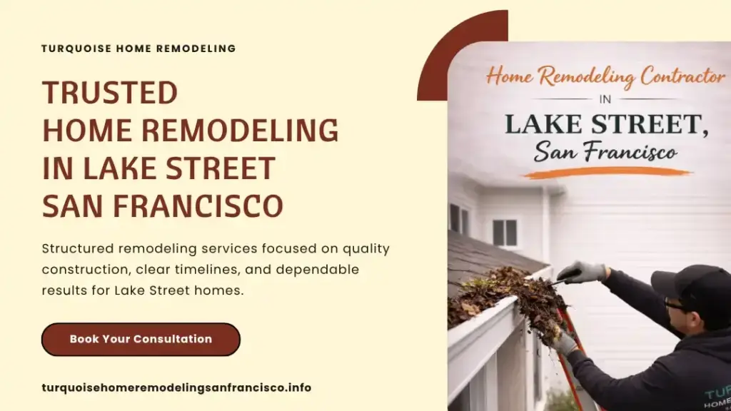 Worker clearing leaves and debris from roof gutter during home remodeling in Lake Street San Francisco