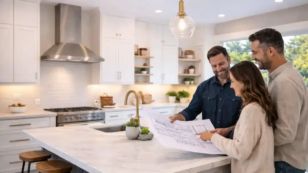 Homeowners reviewing remodel plans with contractor in kitchen