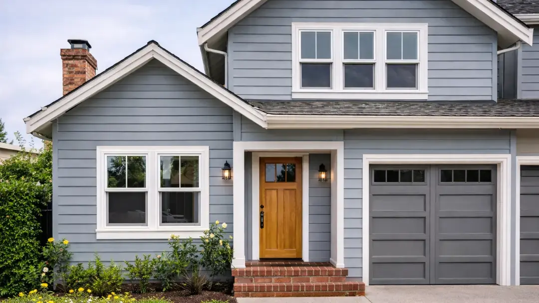 Home exterior with new siding and front entry renovation