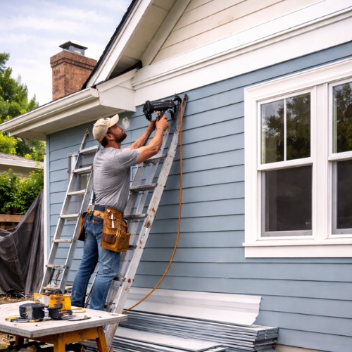 Worker installing siding on home exterior during renovation