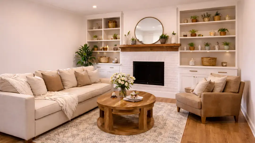 Remodeled living room in Crocker Amazon San Francisco with fireplace and built in shelves