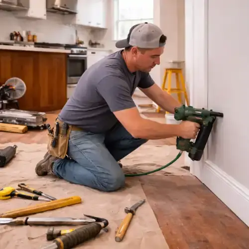 Worker installing baseboard during home remodeling