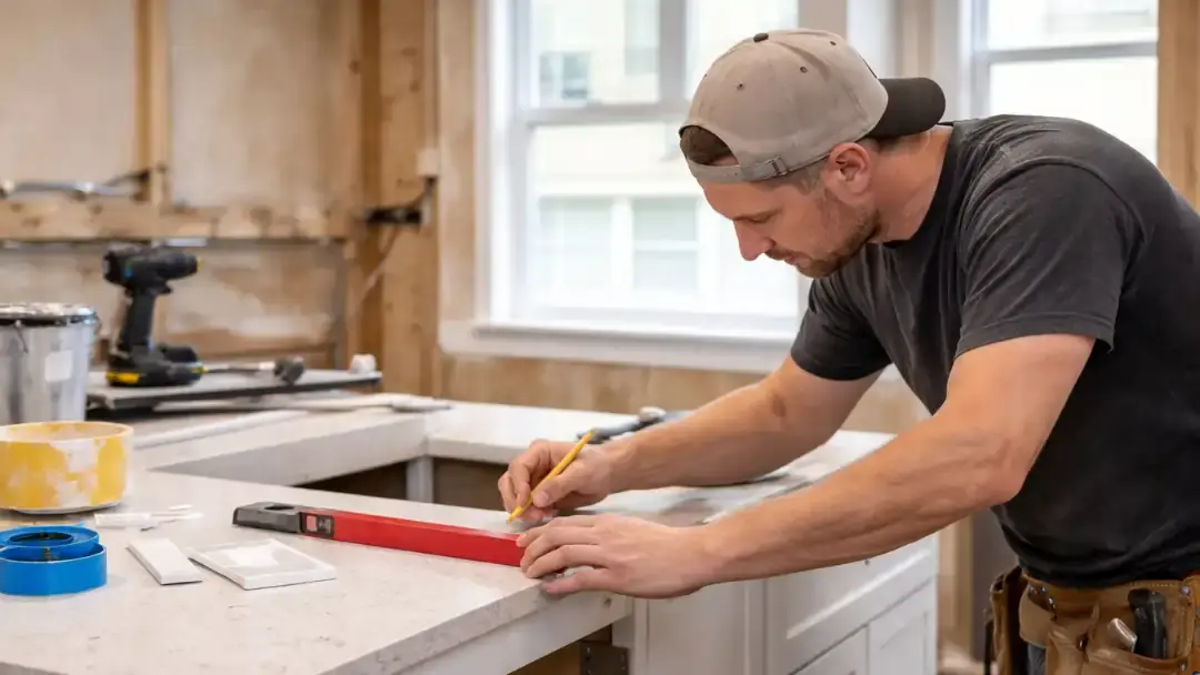 Contractor measuring countertop during kitchen renovation
