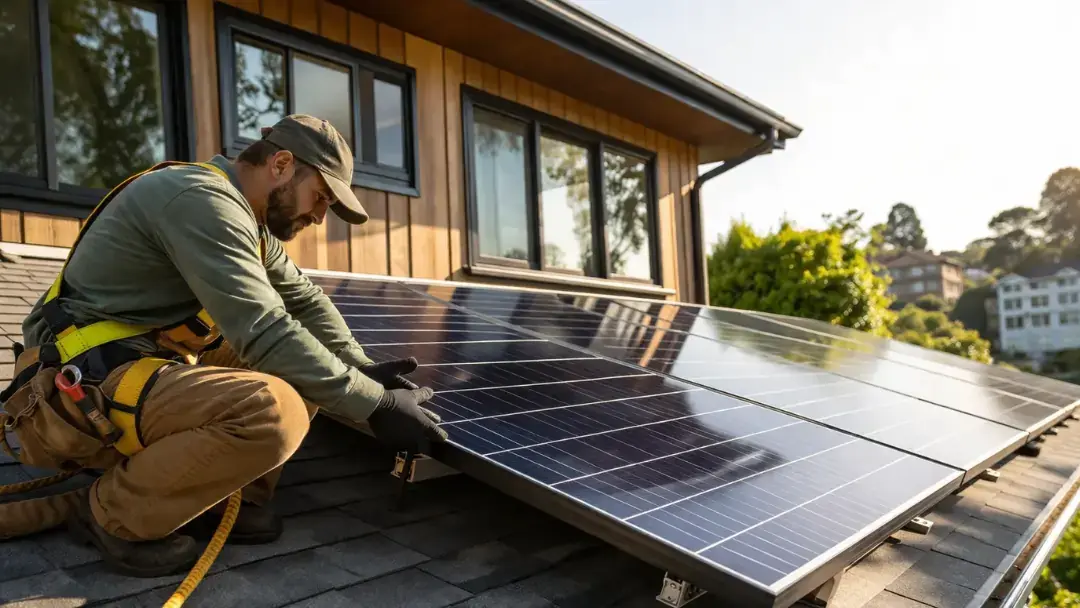 Worker installing solar panels on a residential roof in Excelsior San Francisco