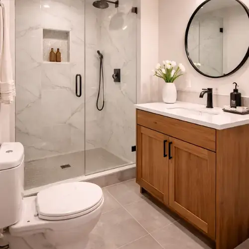 Modern bathroom with shower and vanity renovation