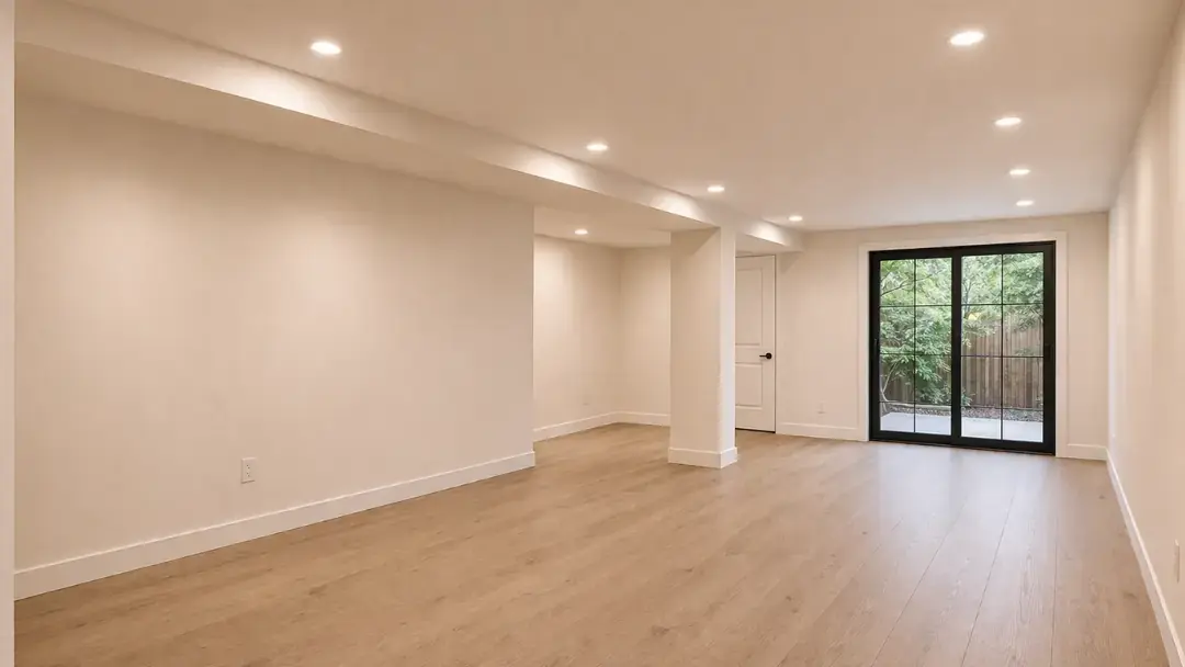 Open remodeled room with wood flooring and natural light