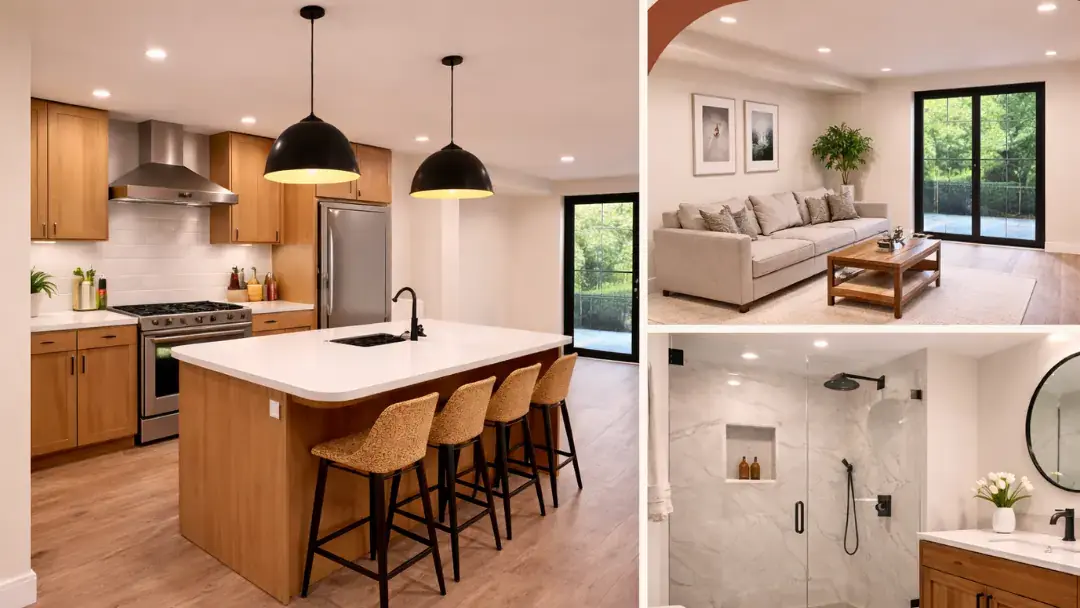 Multiple renovated home interiors including kitchen, living room, and bathroom