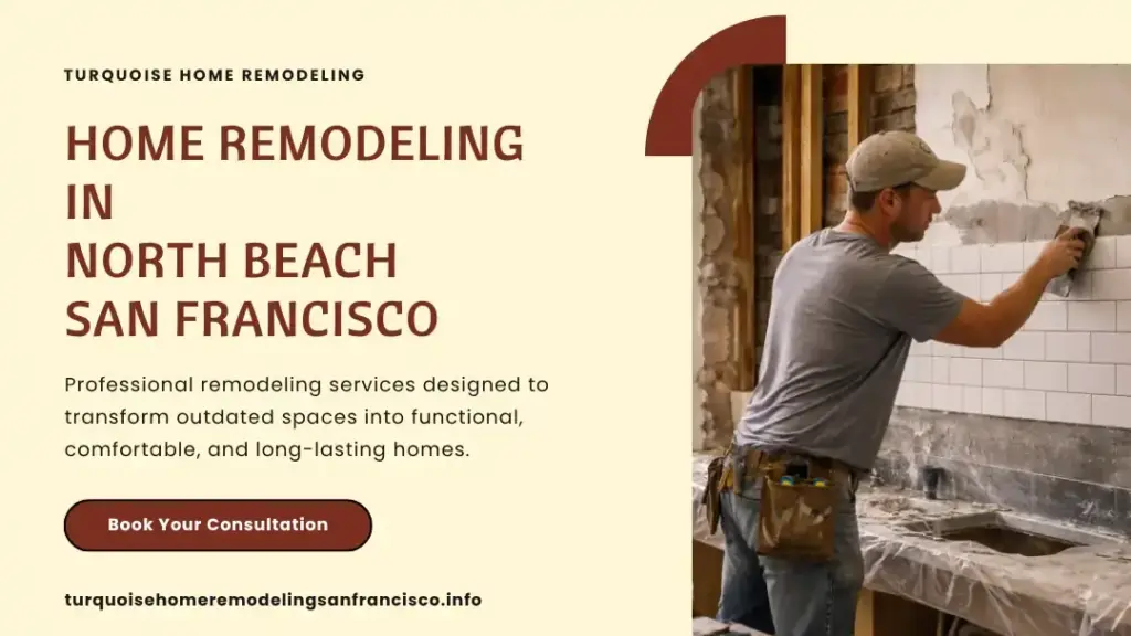Home remodeling in North Beach San Francisco with contractor installing wall tiles