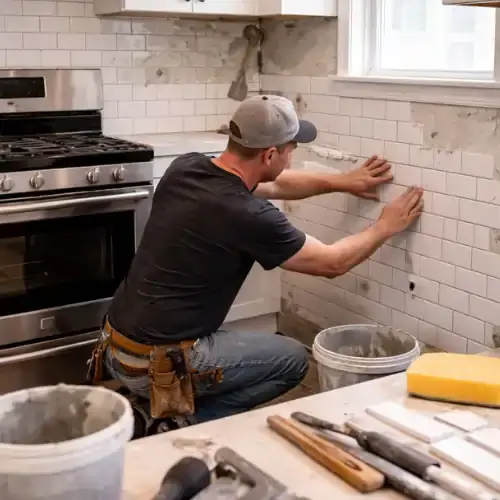 Worker installing kitchen backsplash tiles during renovation