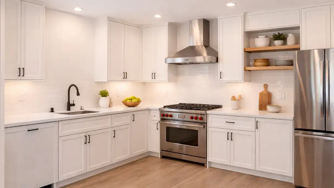 Simple modern kitchen with white cabinets and stainless steel appliances in San Francisco