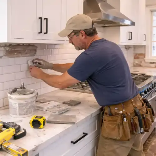 Contractor installing backsplash tiles during kitchen renovation