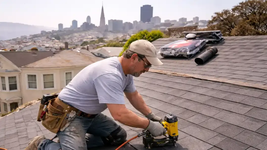 Worker installing roof shingles during home renovation