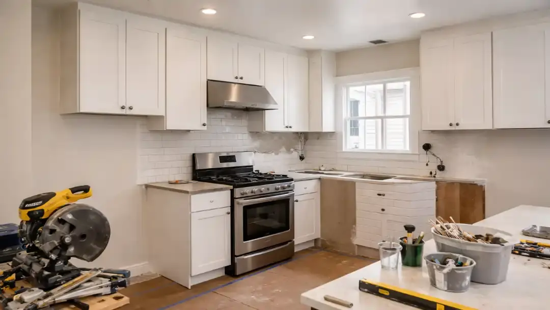 Kitchen renovation in progress with white cabinets and tools