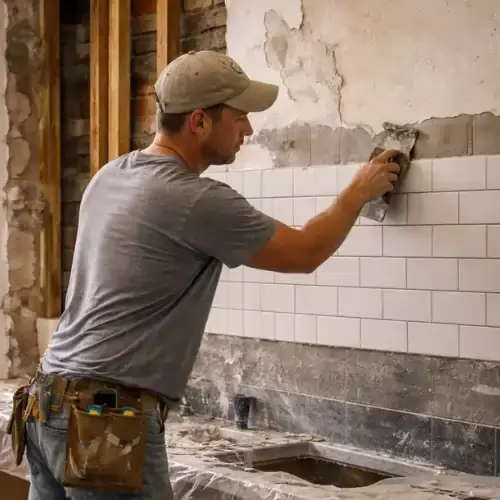Contractor installing wall tiles during a North Beach home remodeling project