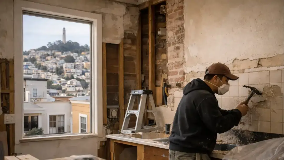 Contractor removing kitchen tiles in a North Beach San Francisco home renovation