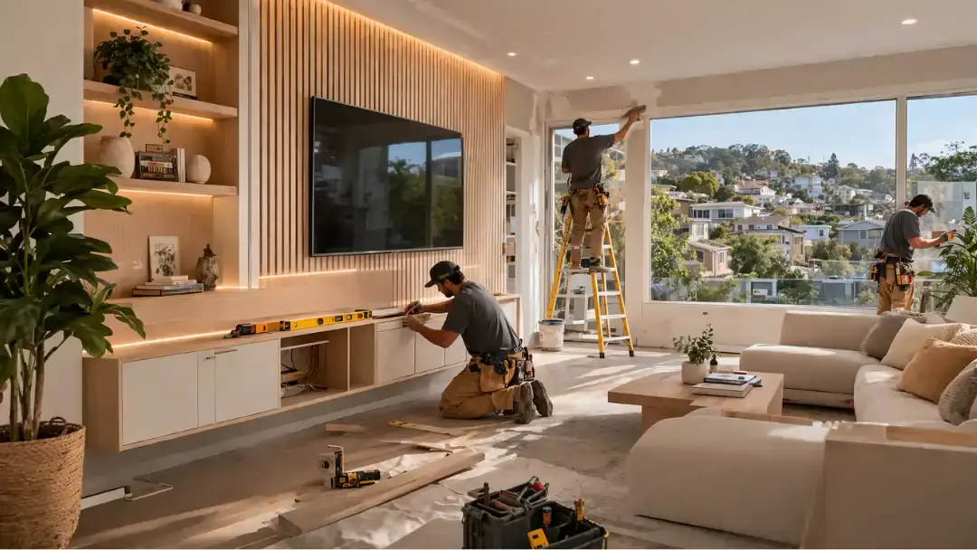 Contractors installing built in cabinets during a Portola San Francisco home remodel