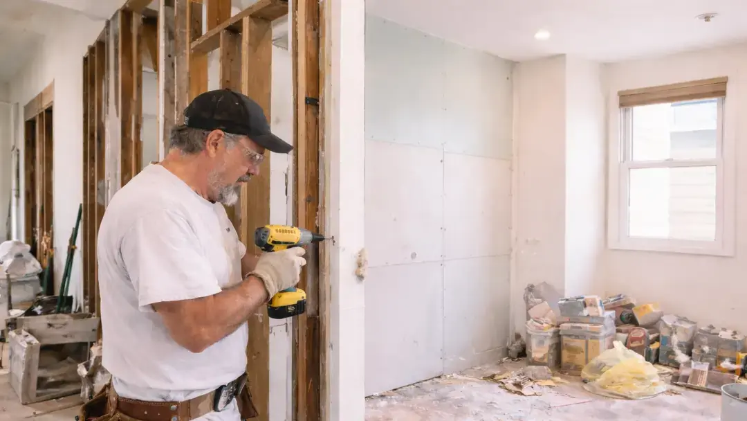 Contractor installing wall framing during home renovation
