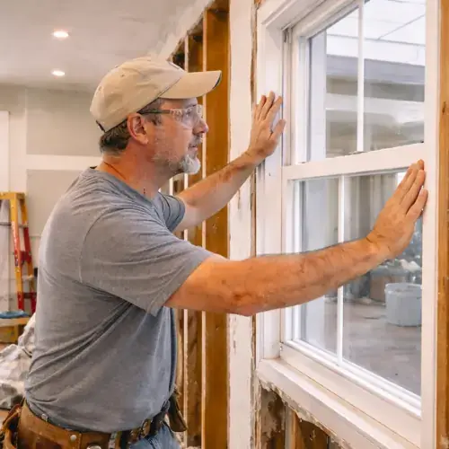 Contractor checking window fitting during home renovation